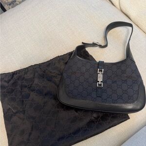 Gucci Jackie Bag Black GG Canvas Shoulder Bag Silver Hardware Vintage Authentic